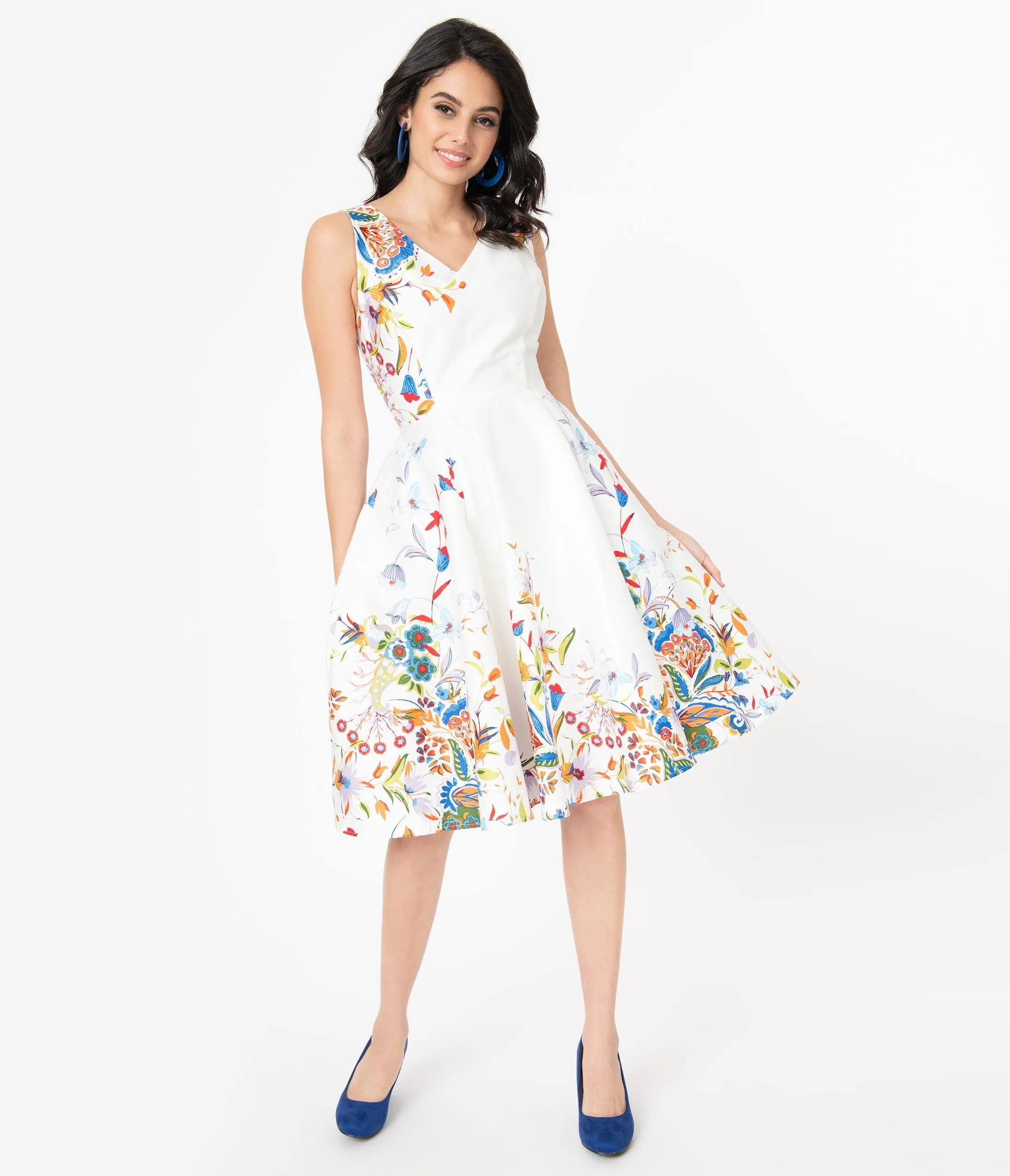 Ivory Double Border Floral Print Swing Dress