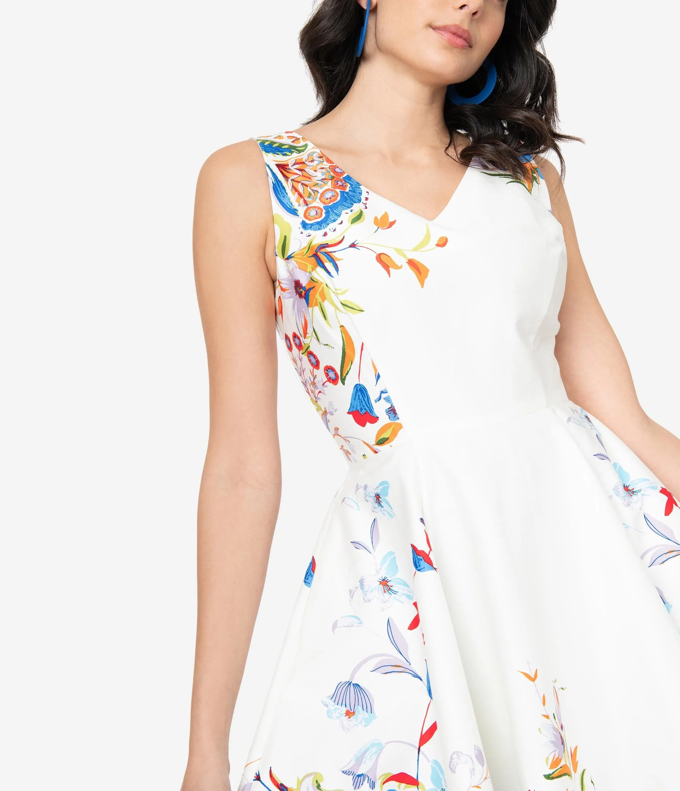 Ivory Double Border Floral Print Swing Dress