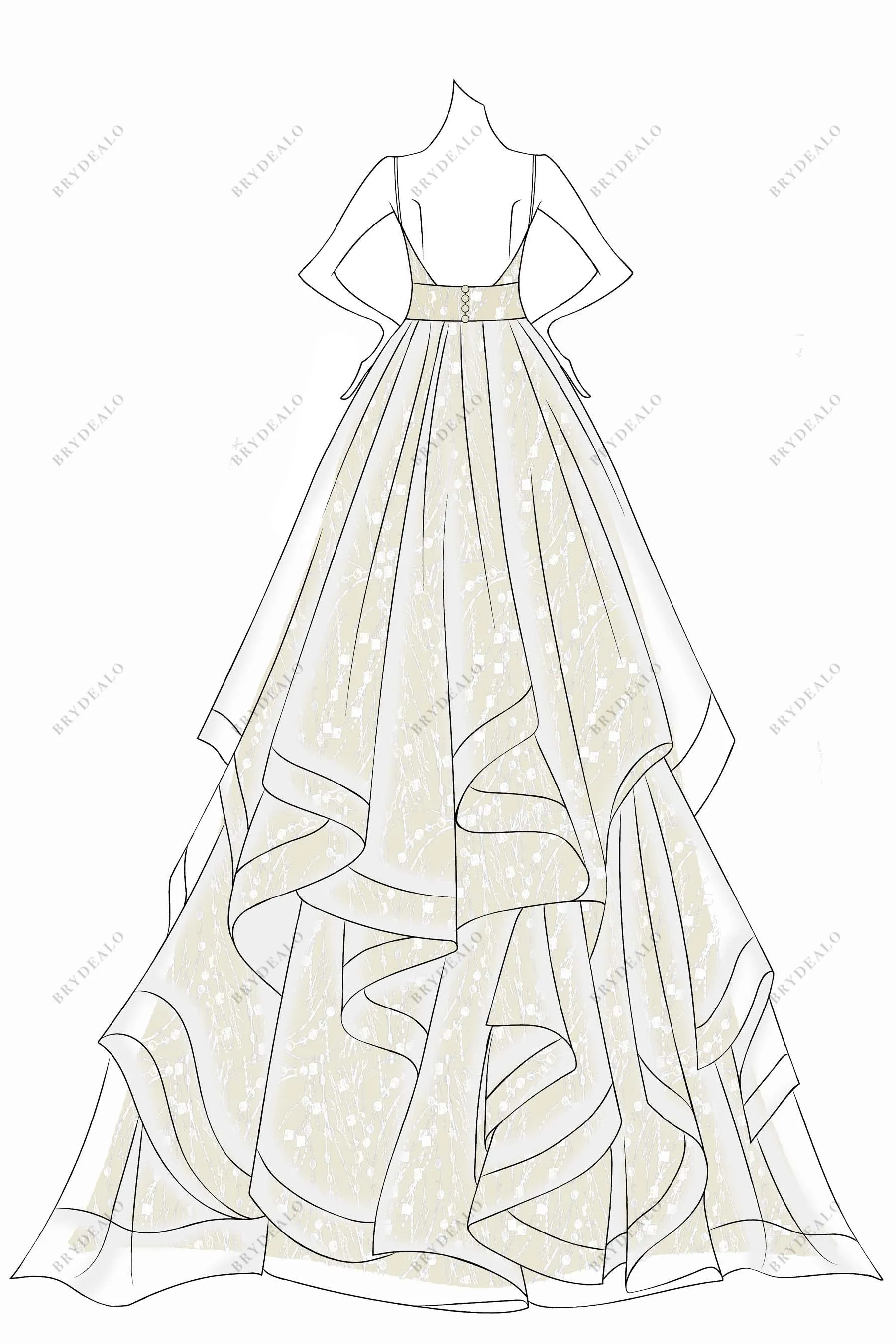 Ivory Sequin Custom Champagne Ruffled Wedding Dress Sketch