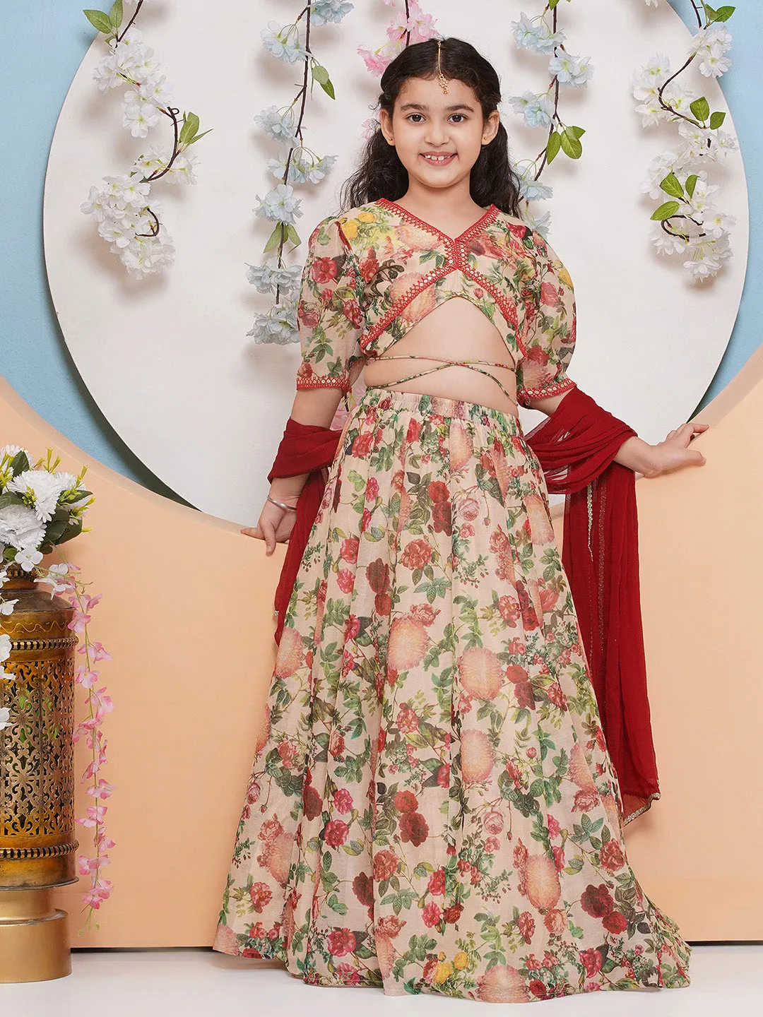 Jashvi Girls Blue Floral Printed Ready to Wear Lehenga & Blouse with Shrug