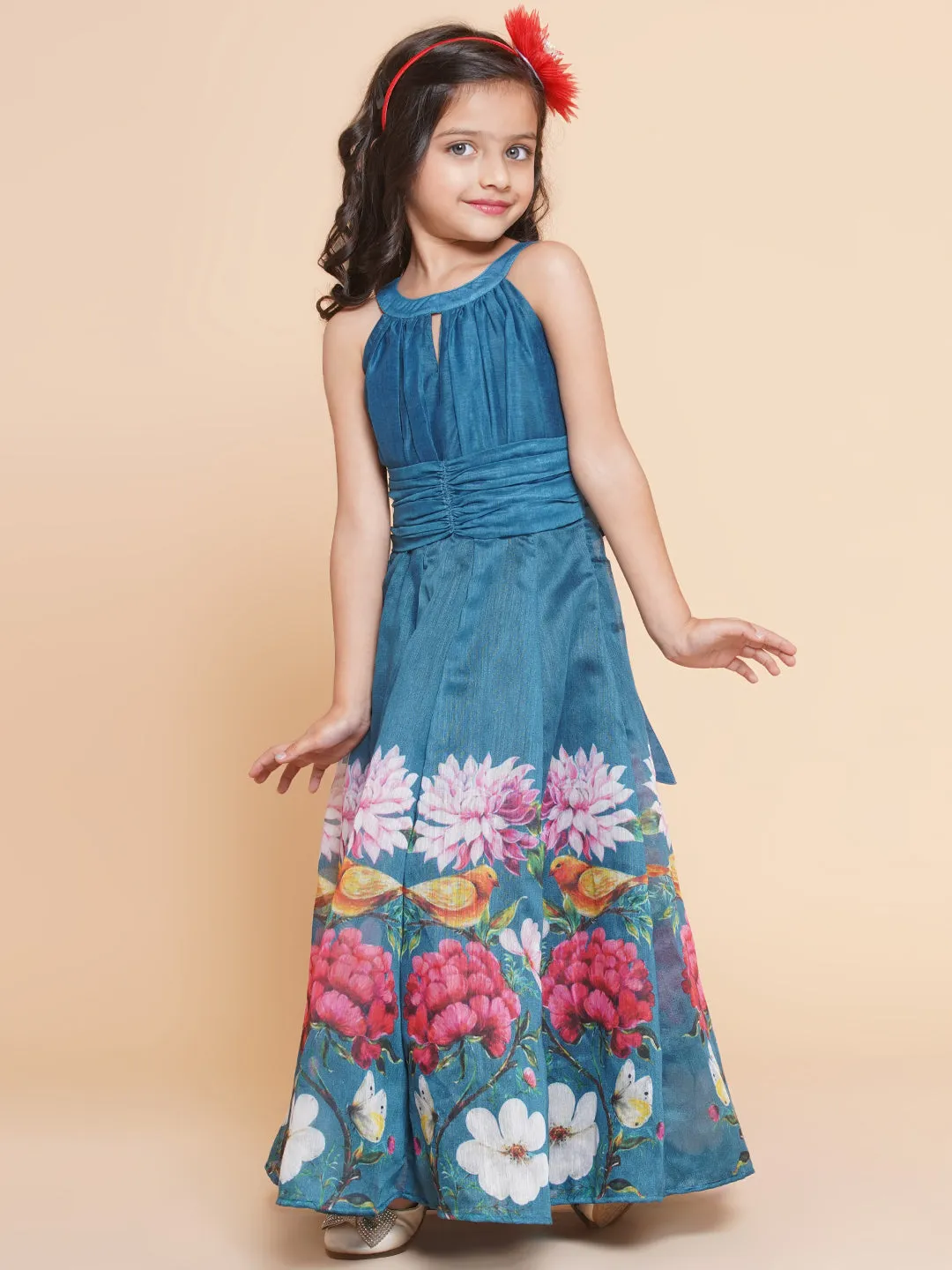 Jashvi Girls Blue Flower Digital Printed Fit & Flared Maxi Dress.