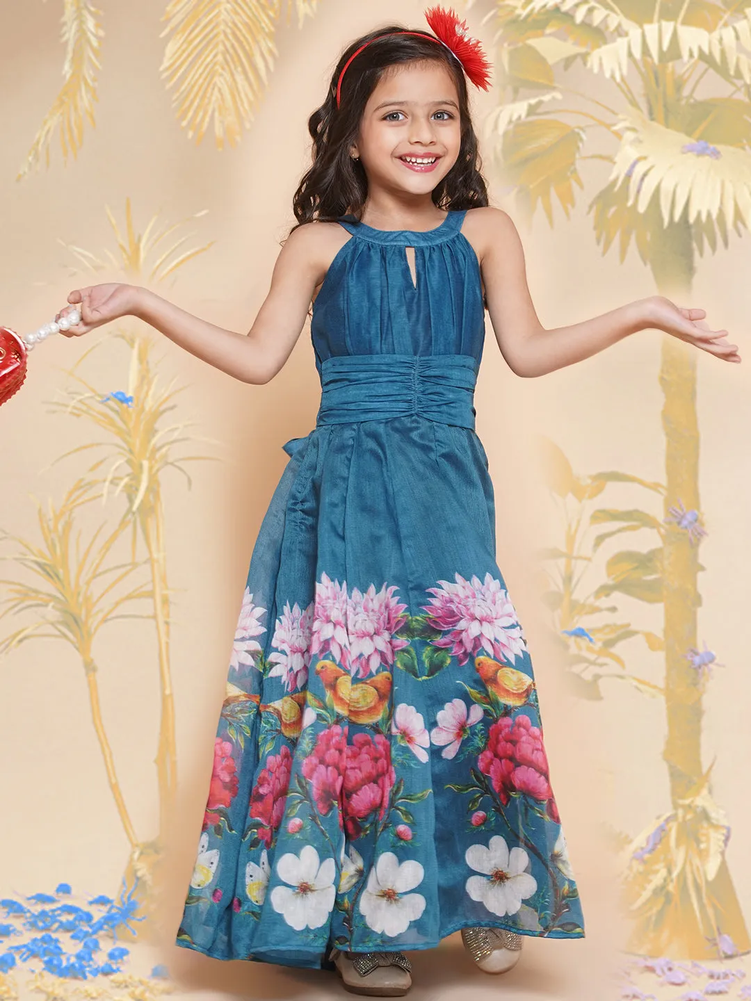 Jashvi Girls Blue Flower Digital Printed Fit & Flared Maxi Dress.