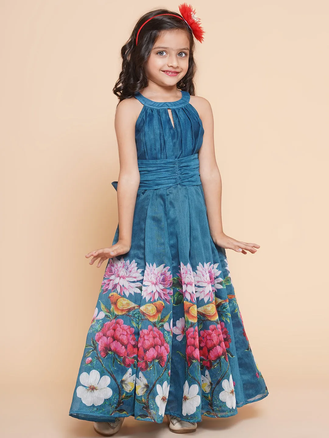 Jashvi Girls Blue Flower Digital Printed Fit & Flared Maxi Dress.