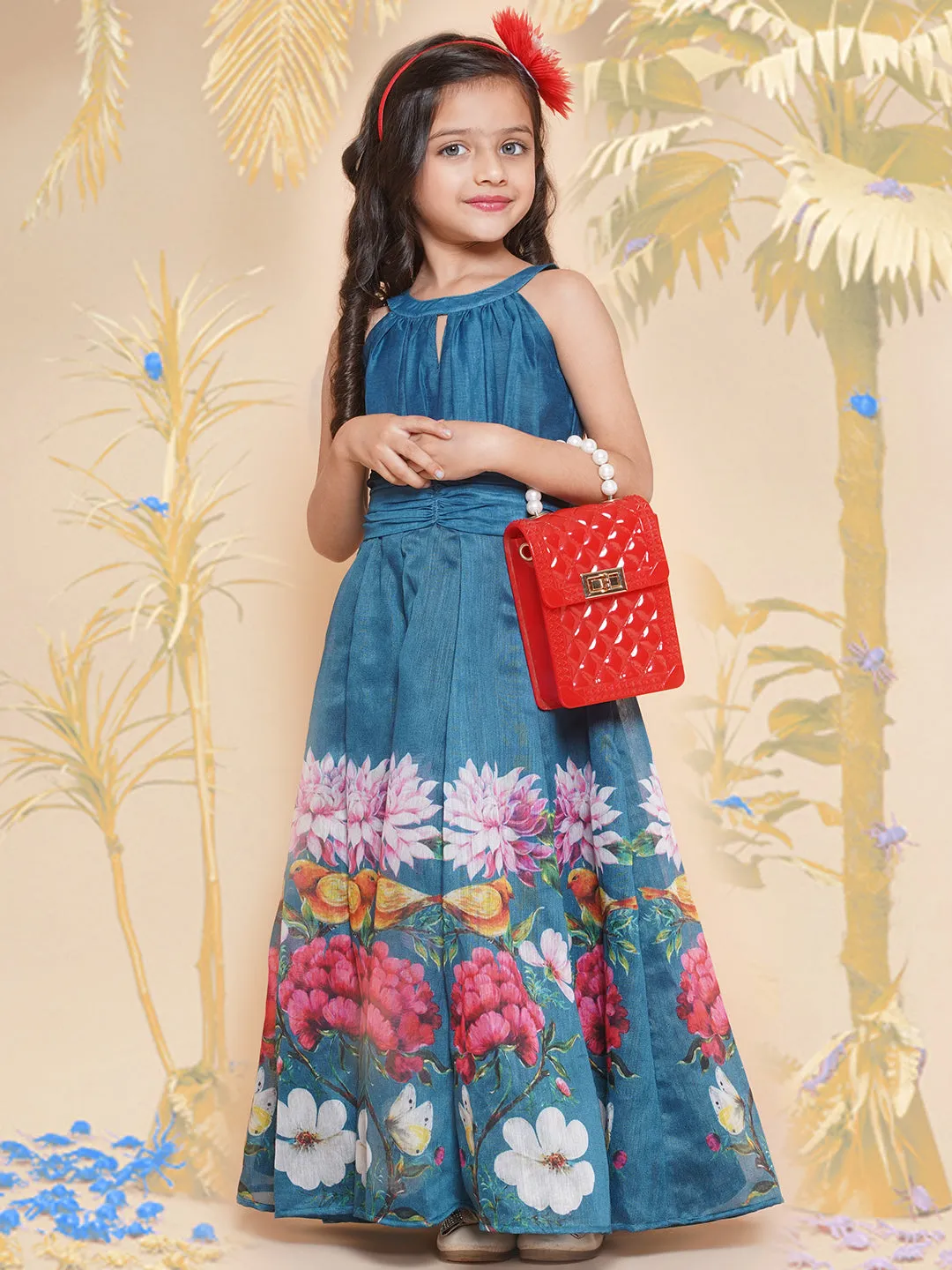 Jashvi Girls Blue Flower Digital Printed Fit & Flared Maxi Dress.