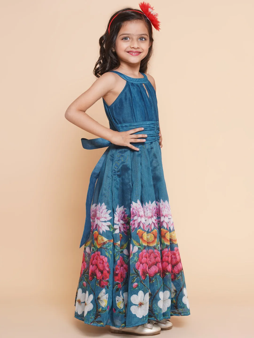 Jashvi Girls Blue Flower Digital Printed Fit & Flared Maxi Dress.