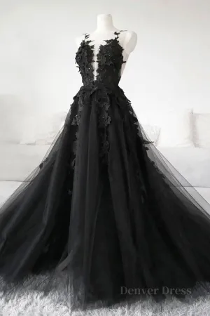 kamahe V Neck Open Back Black Tulle Lace Floral Long Prom Dresses, Black Lace Formal Evening Dresses with Appliques