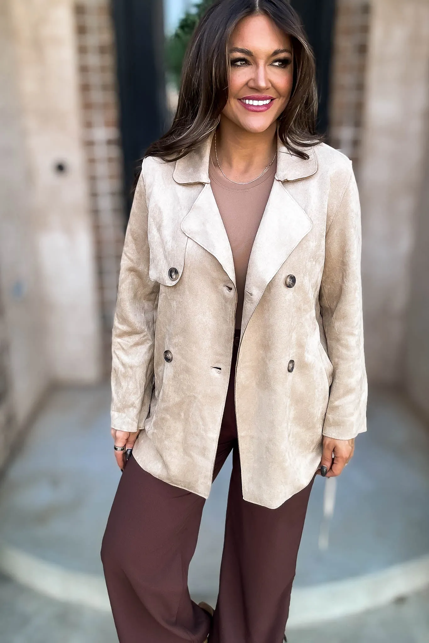 Khaki Suede Trench Coat with Waist Belt