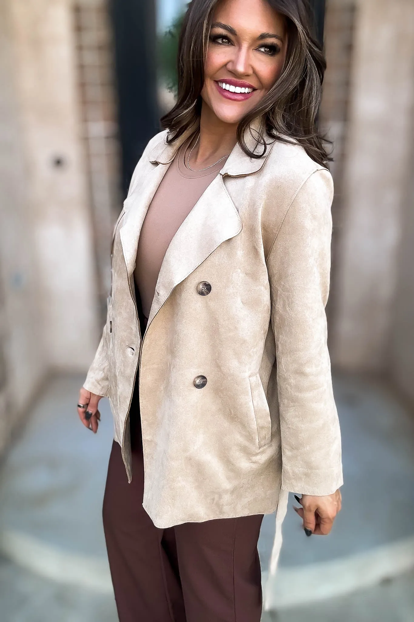 Khaki Suede Trench Coat with Waist Belt