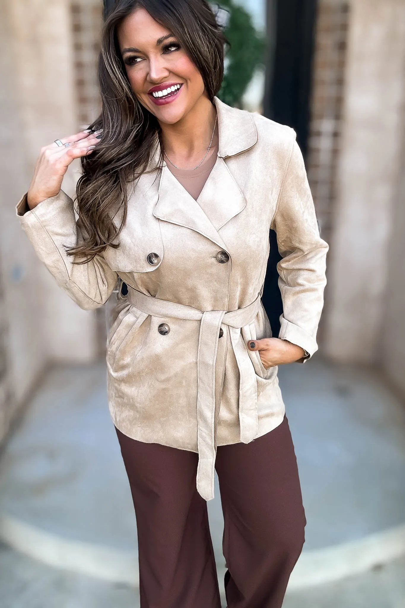 Khaki Suede Trench Coat with Waist Belt