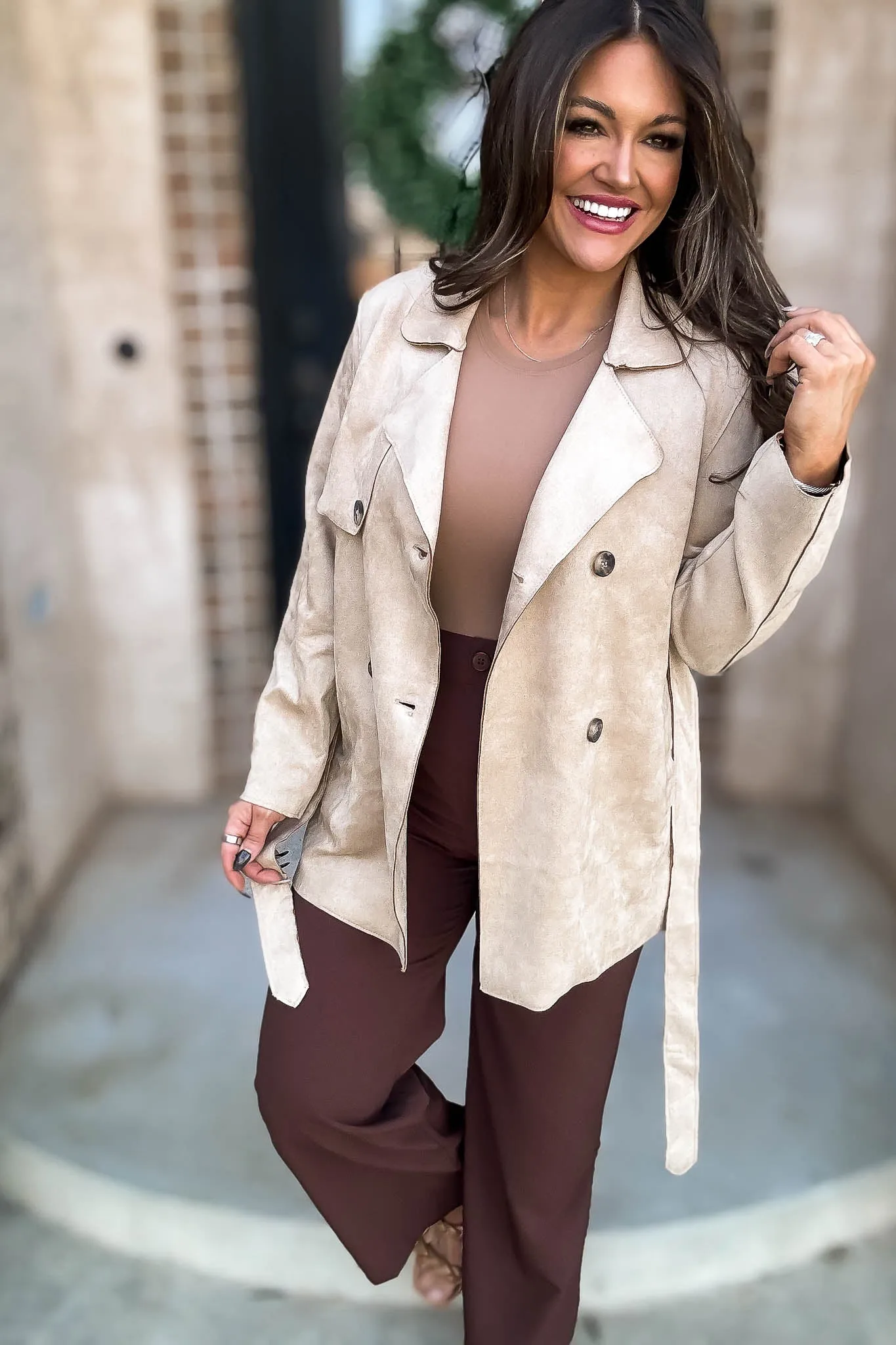 Khaki Suede Trench Coat with Waist Belt