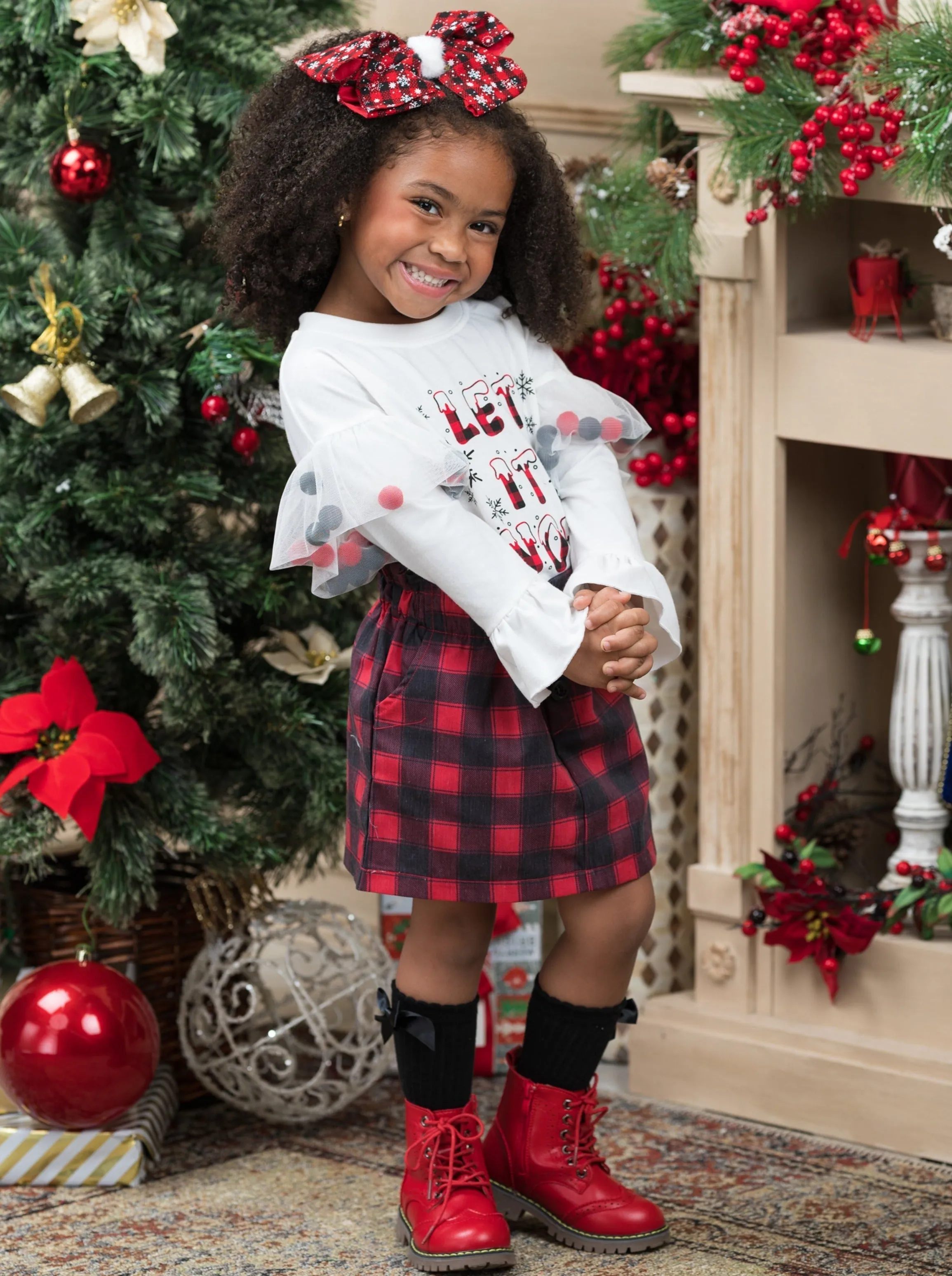 Let It Snow Pom Pom Plaid Skirt Set