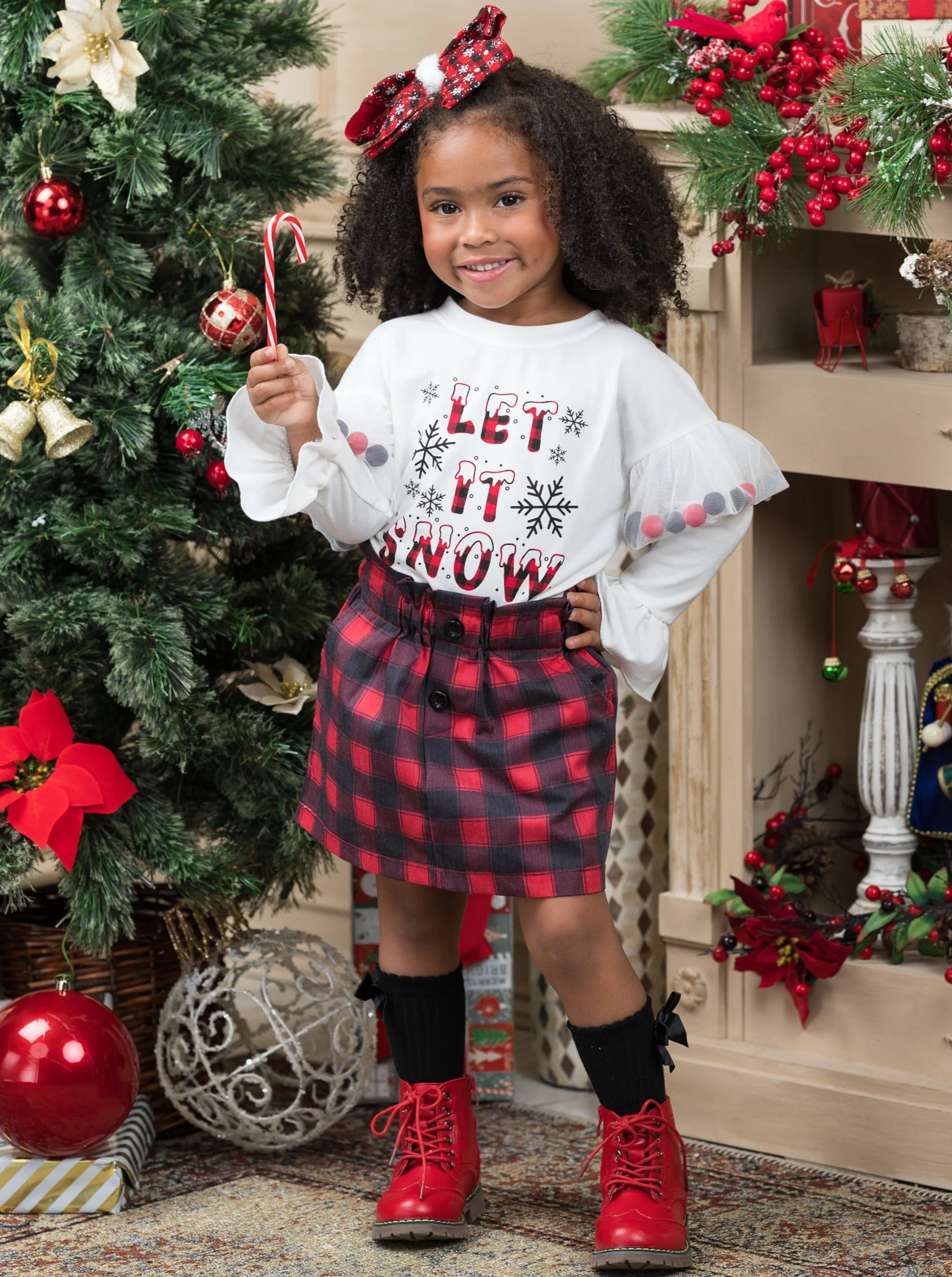 Let It Snow Pom Pom Plaid Skirt Set