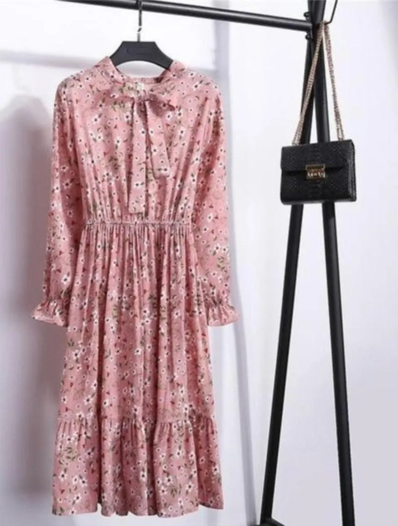 Long Sleeve Chiffon A-line Midi Bow Floral Shirt Dress