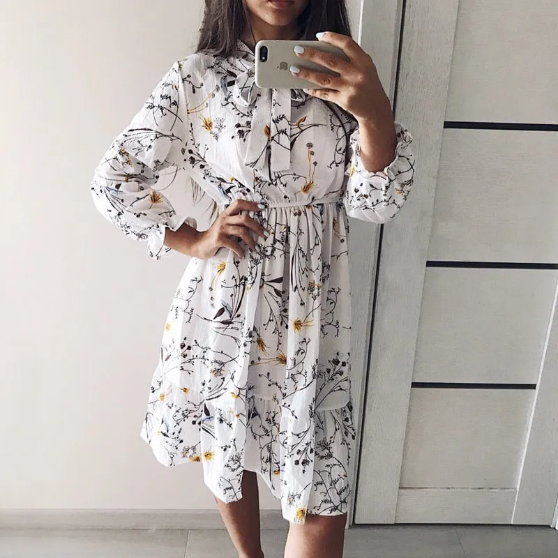 Long Sleeve Chiffon A-line Midi Bow Floral Shirt Dress