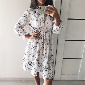 Long Sleeve Chiffon A-line Midi Bow Floral Shirt Dress