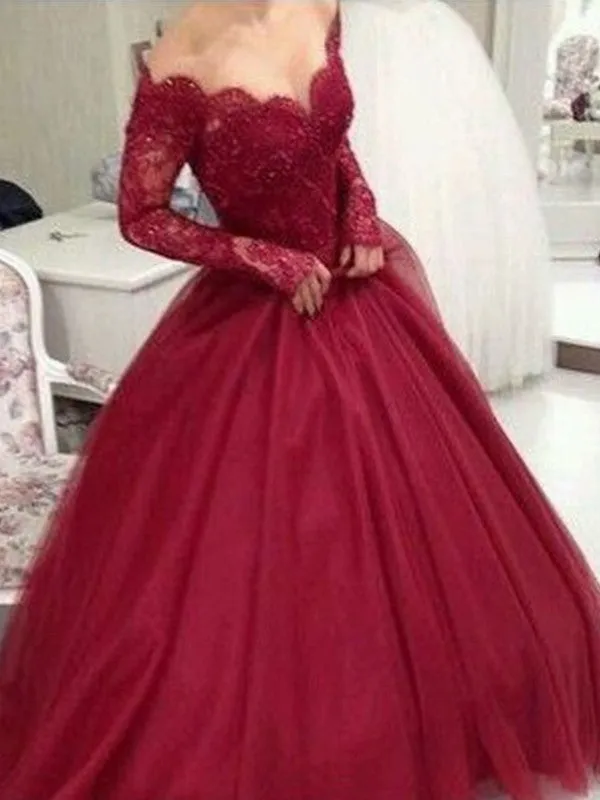 Long Sleeves Lace Royal Blue/Burgundy Long Ball Gown, Royal Blue/Burgundy Long Sleeve Lace Long Prom Dresses, Off Shoulder Formal Dresses