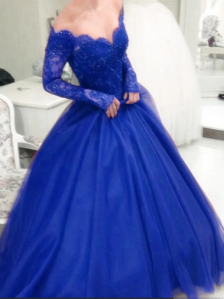 Long Sleeves Lace Royal Blue/Burgundy Long Ball Gown, Royal Blue/Burgundy Long Sleeve Lace Long Prom Dresses, Off Shoulder Formal Dresses