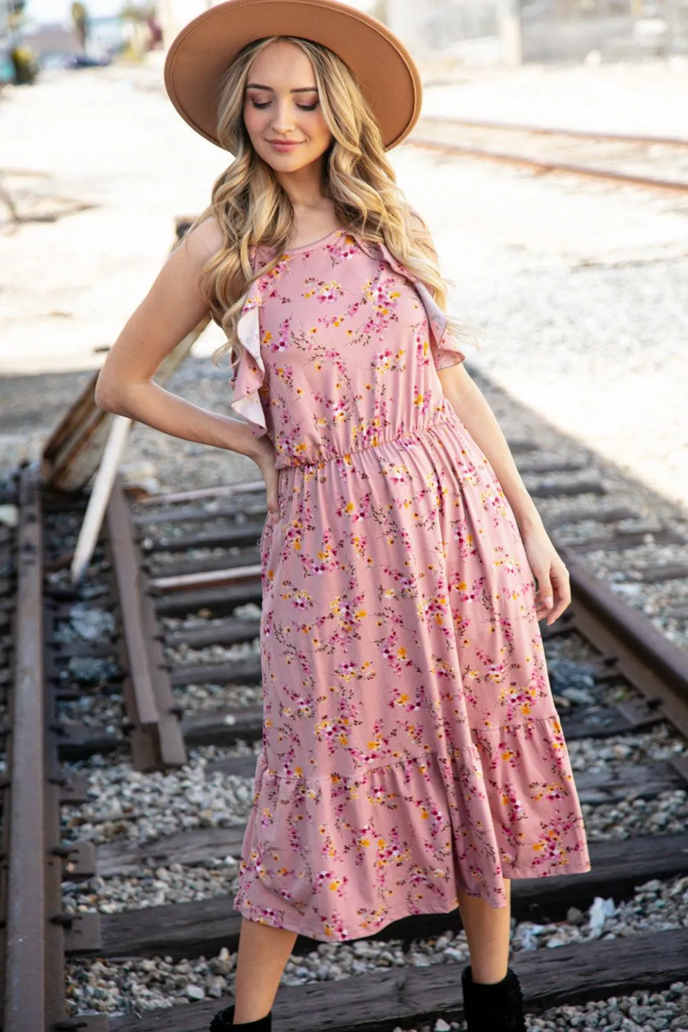 Mauve Floral Halter Ruffle Hem Midi Dress