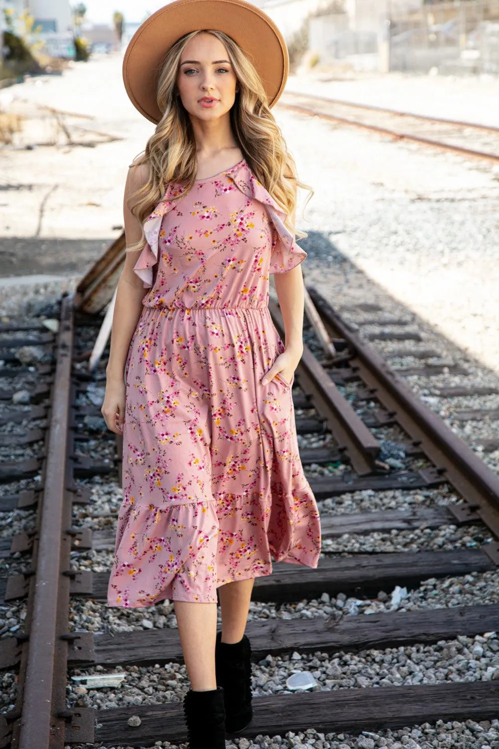 Mauve Floral Halter Ruffle Hem Midi Dress