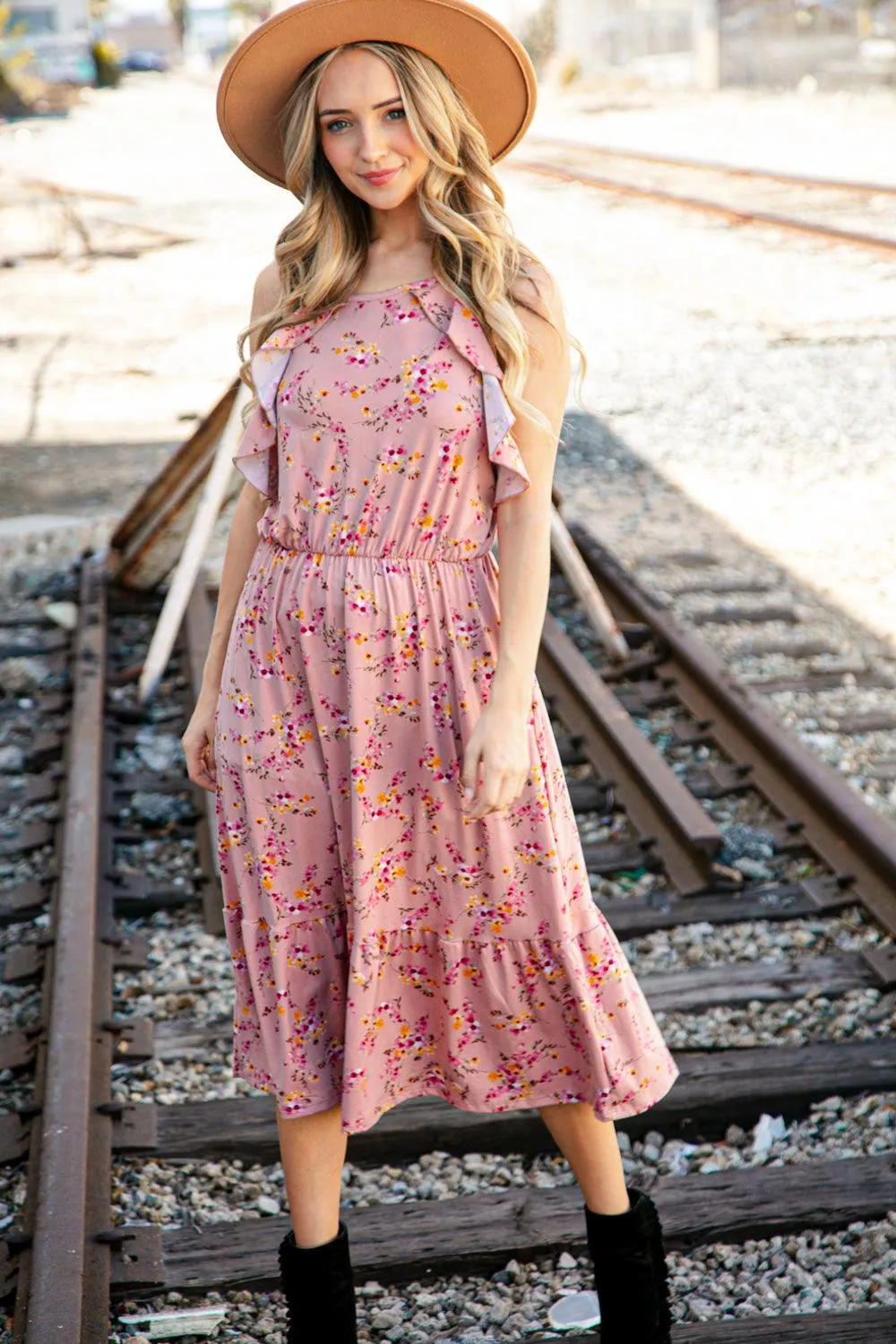 Mauve Floral Halter Ruffle Hem Midi Dress