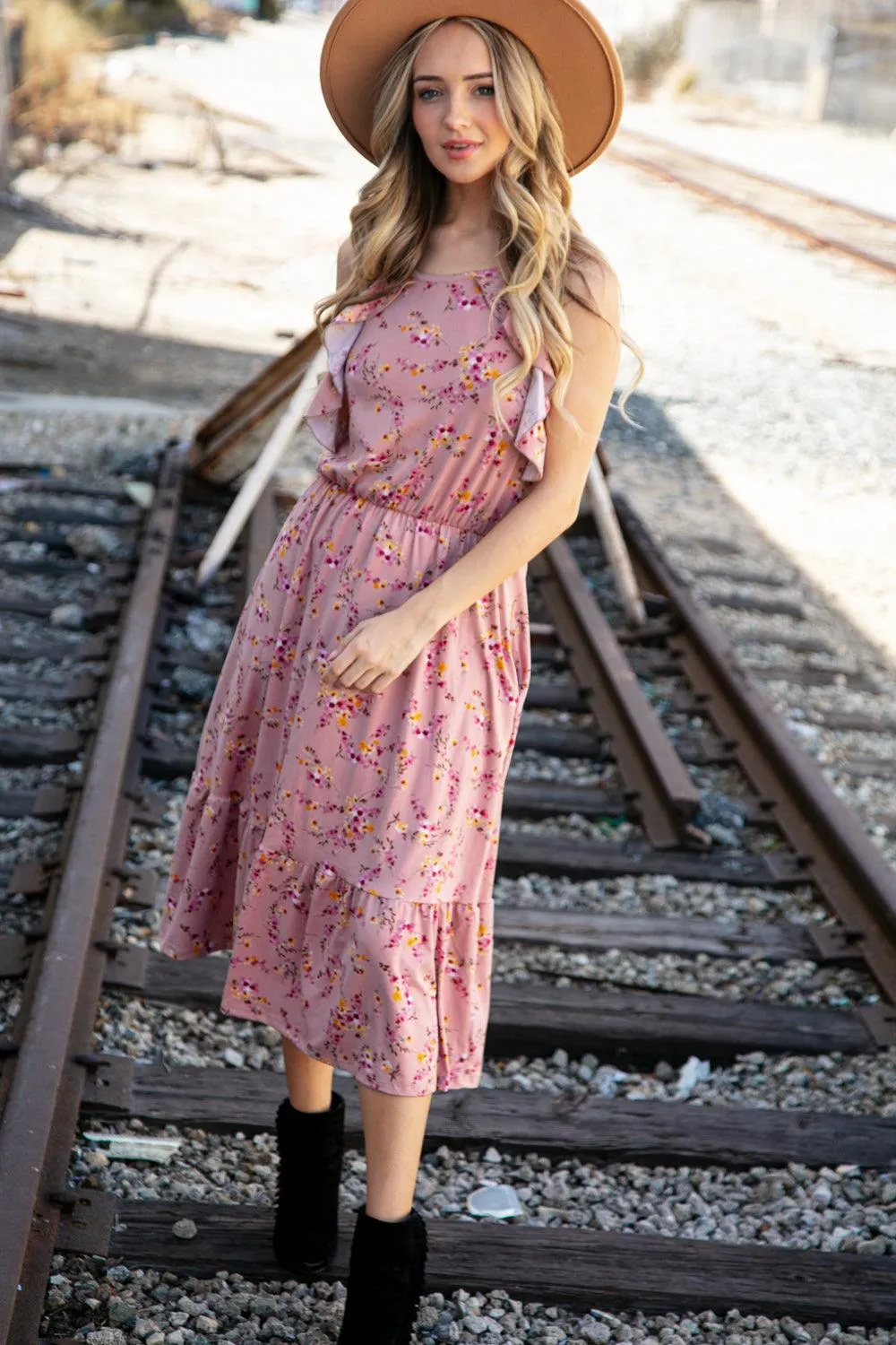 Mauve Floral Halter Ruffle Hem Midi Dress