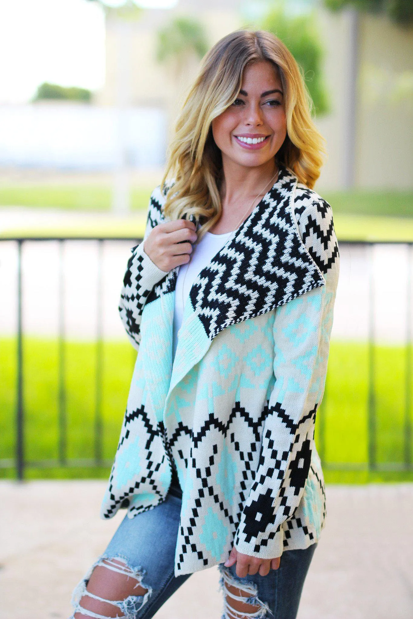 Mint And Black Printed Cardigan