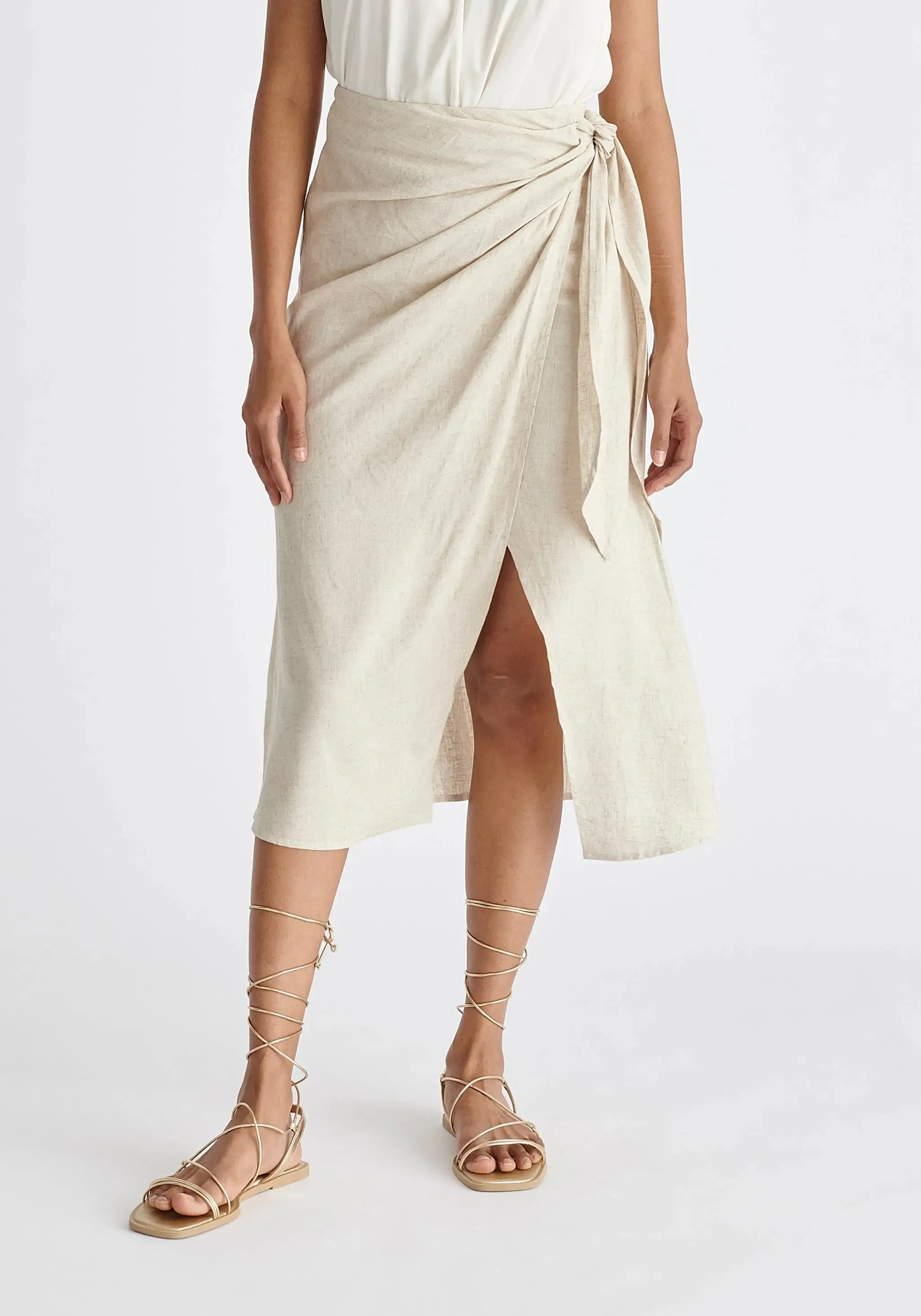 Oatmeal Linen Blend Wrap Skirt