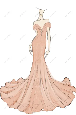 Off-shoulder Plunging Dusty Pink Custom Wedding Dress Sketch