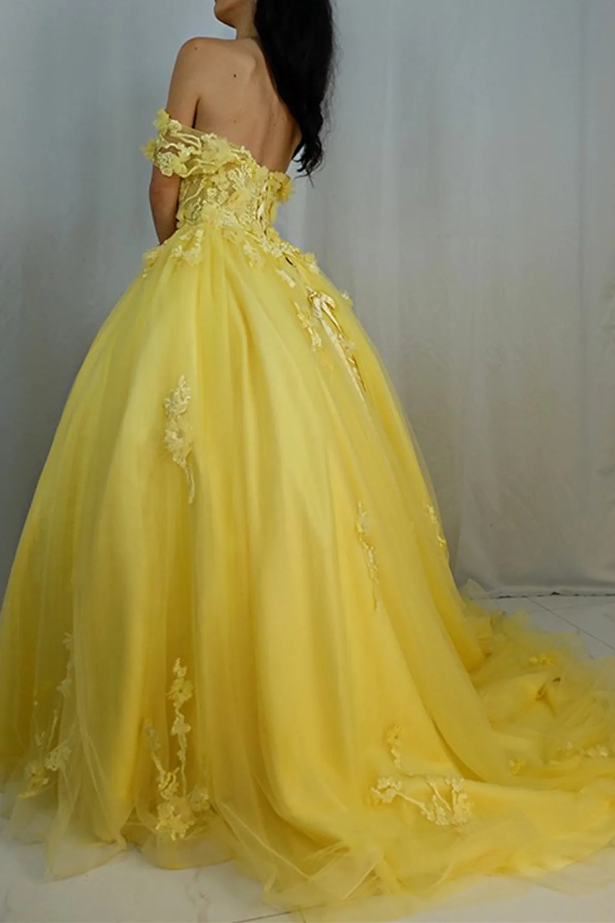 Off Shoulder Yellow Lace Tulle Long Prom Dress, Yellow Lace Formal Dress, Yellow Evening Dress A1459