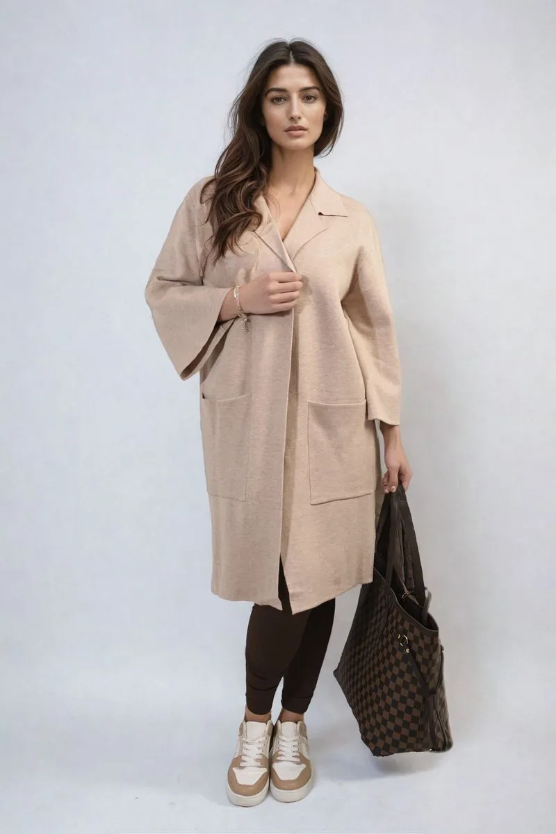 Open Front Longline Knitted Cardigan with Front Pockets