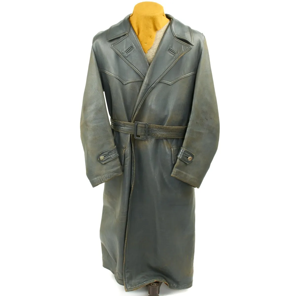 Original German WWII Luftwaffe Officer Grey Leather Greatcoat - Size 42