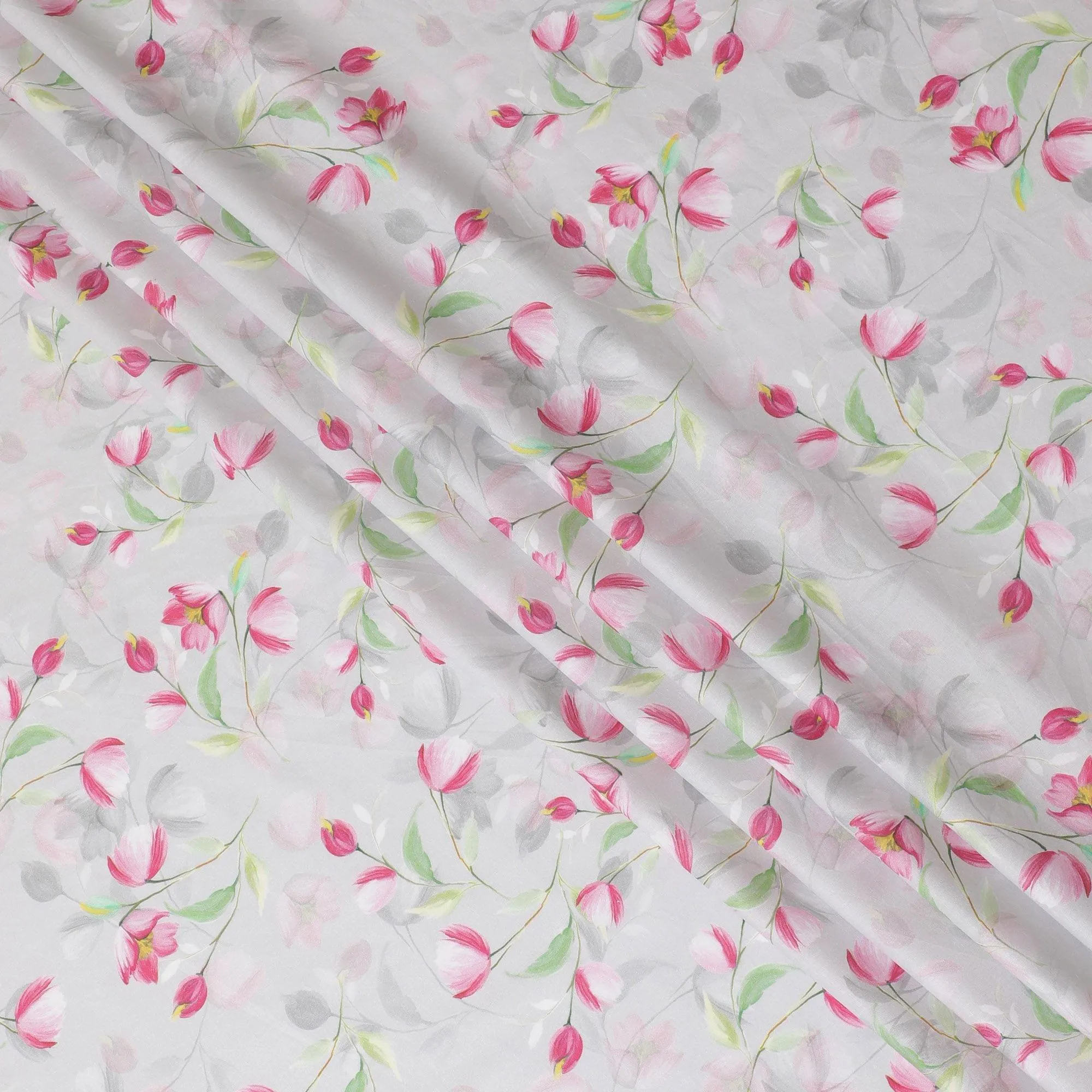 Pearl grey cotton satin fabric with multicolor print in floral design-D15277