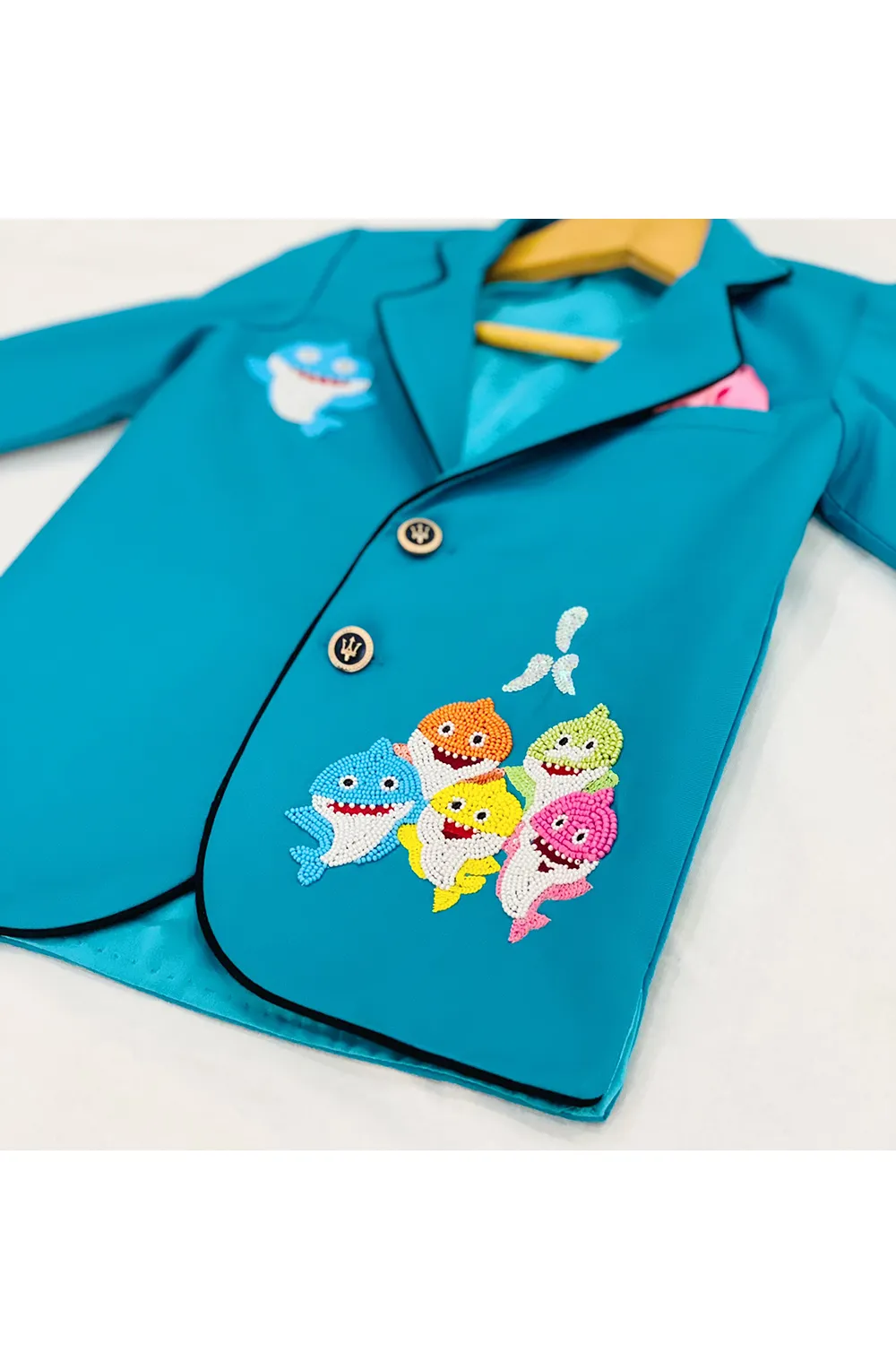 Personalised sharks embroidered blue coat