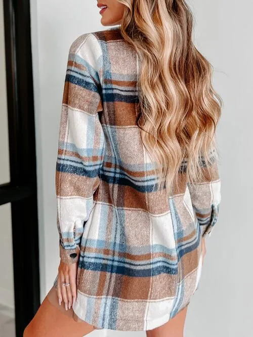 Plaid Double-Breasted Long Sleeve Coat