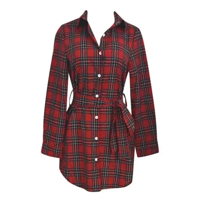 Plus Size Plaid Casual High Waist Buttons Long Sleeve Office Bodycon Dress