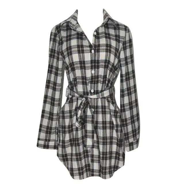 Plus Size Plaid Casual High Waist Buttons Long Sleeve Office Bodycon Dress