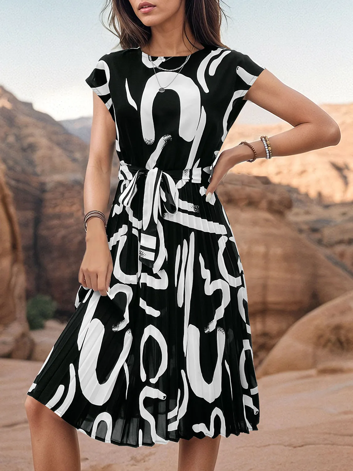 Printed Cap Sleeve Tie Waist Midi Resort Dress