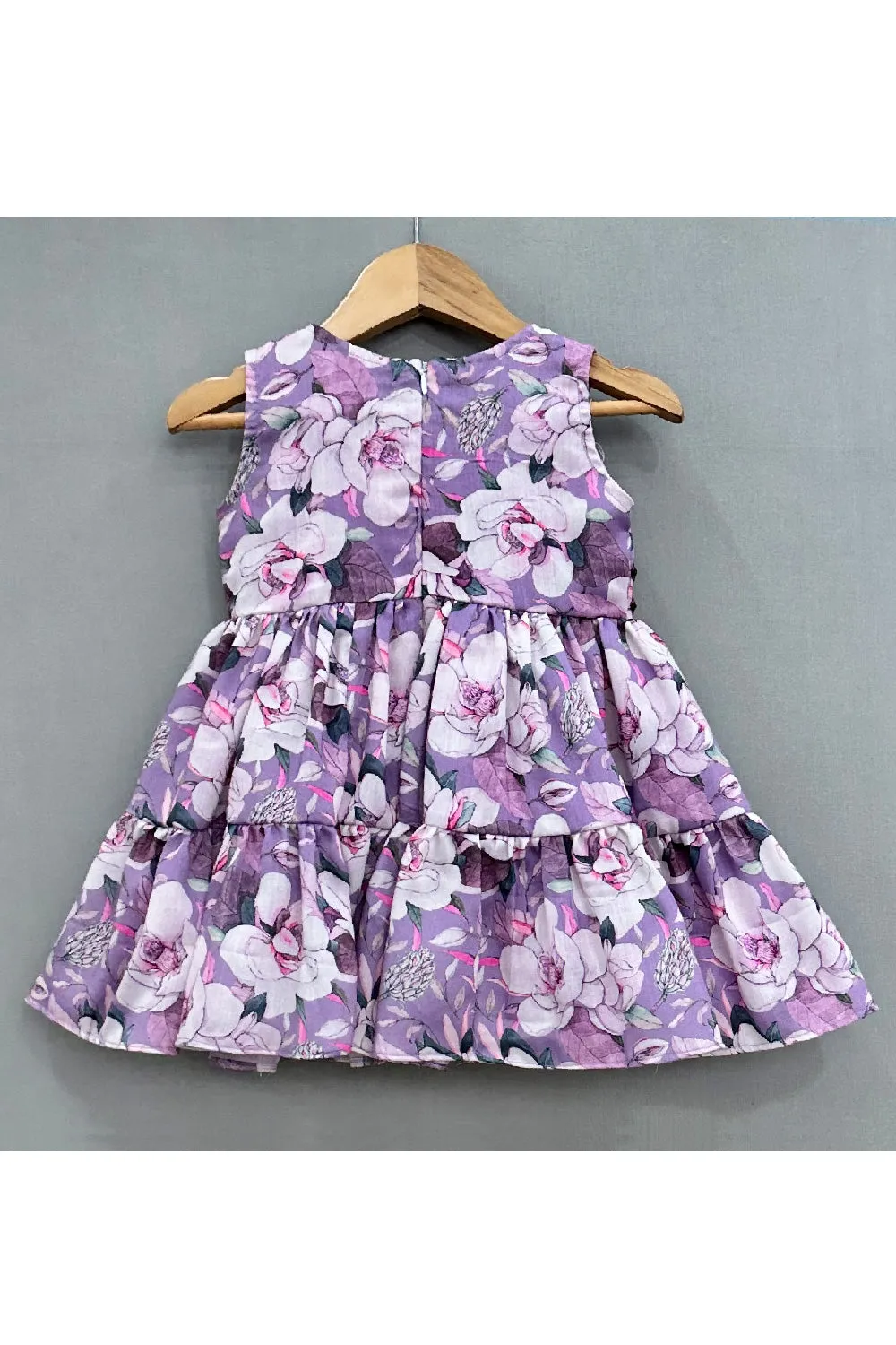 Purple Floral Printed And Mirror Embroidered Cotton Satin Dress