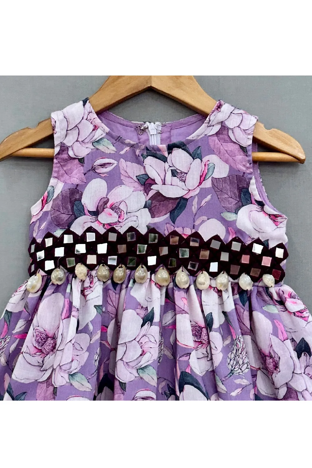 Purple Floral Printed And Mirror Embroidered Cotton Satin Dress