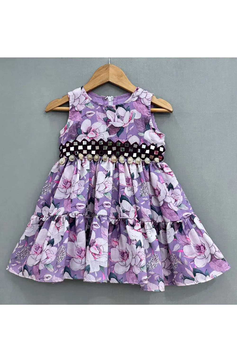 Purple Floral Printed And Mirror Embroidered Cotton Satin Dress