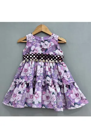 Purple Floral Printed And Mirror Embroidered Cotton Satin Dress