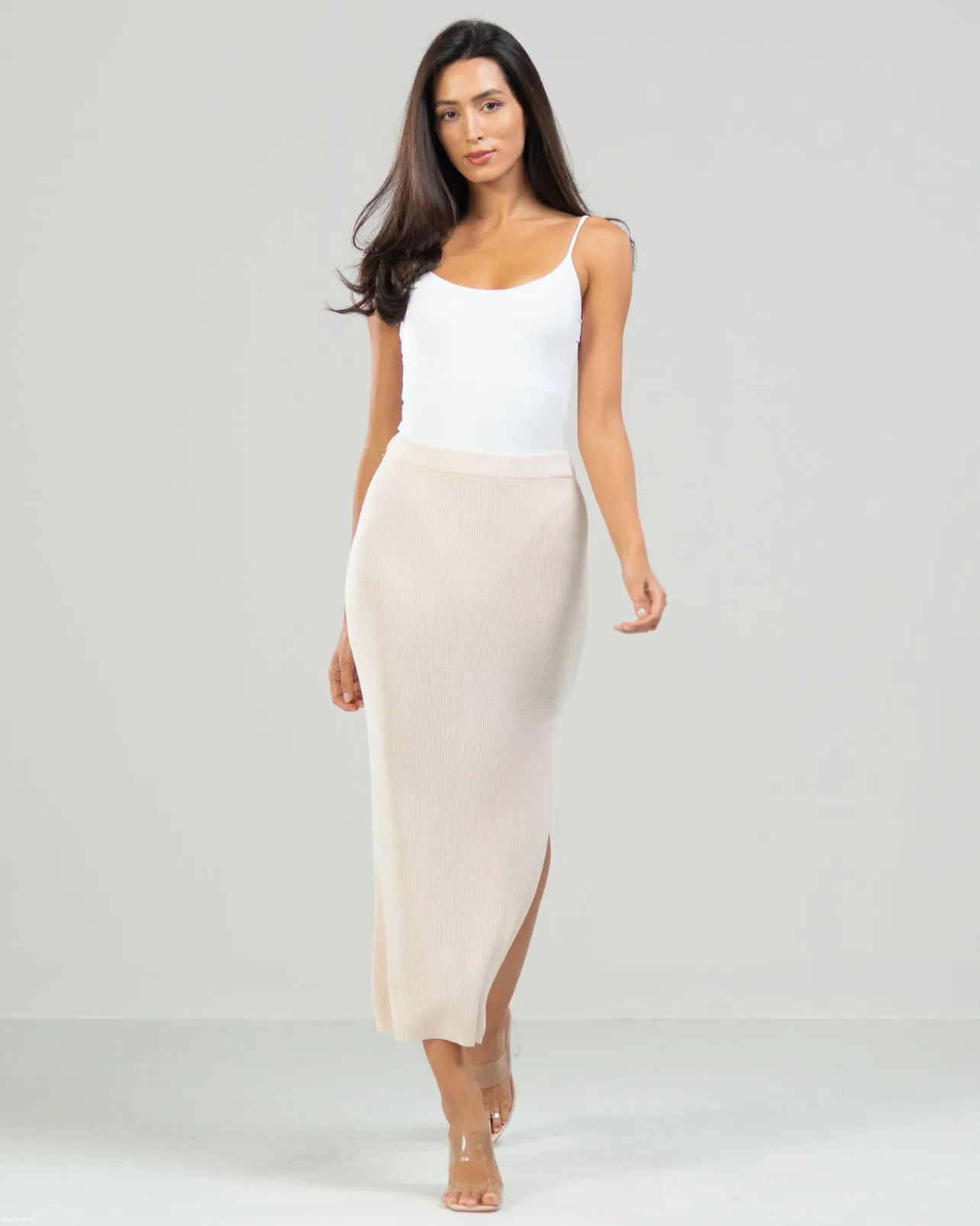 RESTOCKED | Side Split Elastic Waist Knitted Midi Skirt | Light Beige