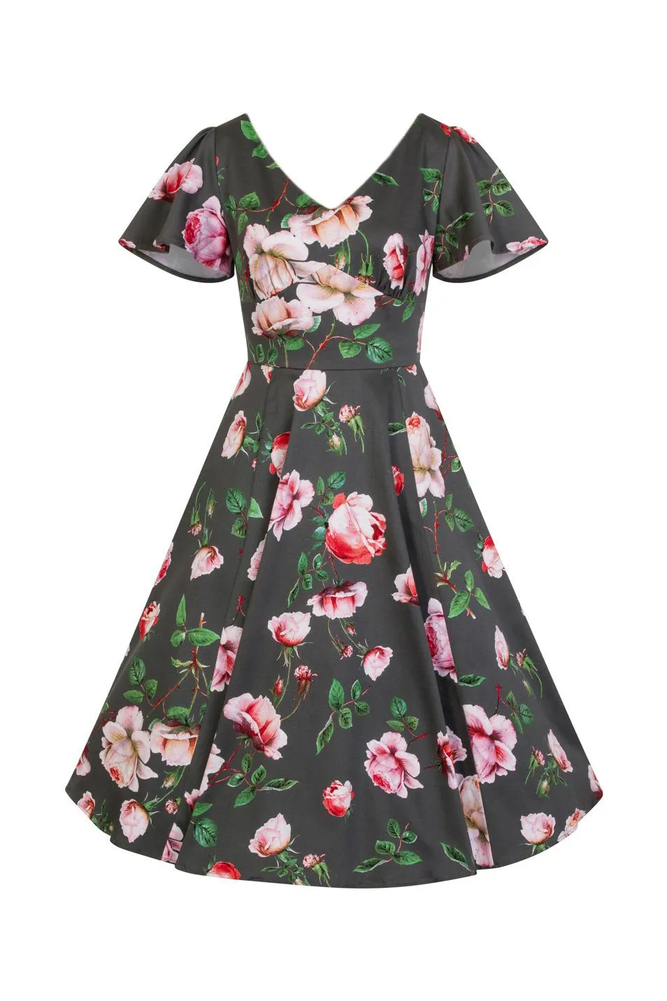 Sage Green Floral Print Cap Sleeve Rockabilly 50s Swing Tea Dress