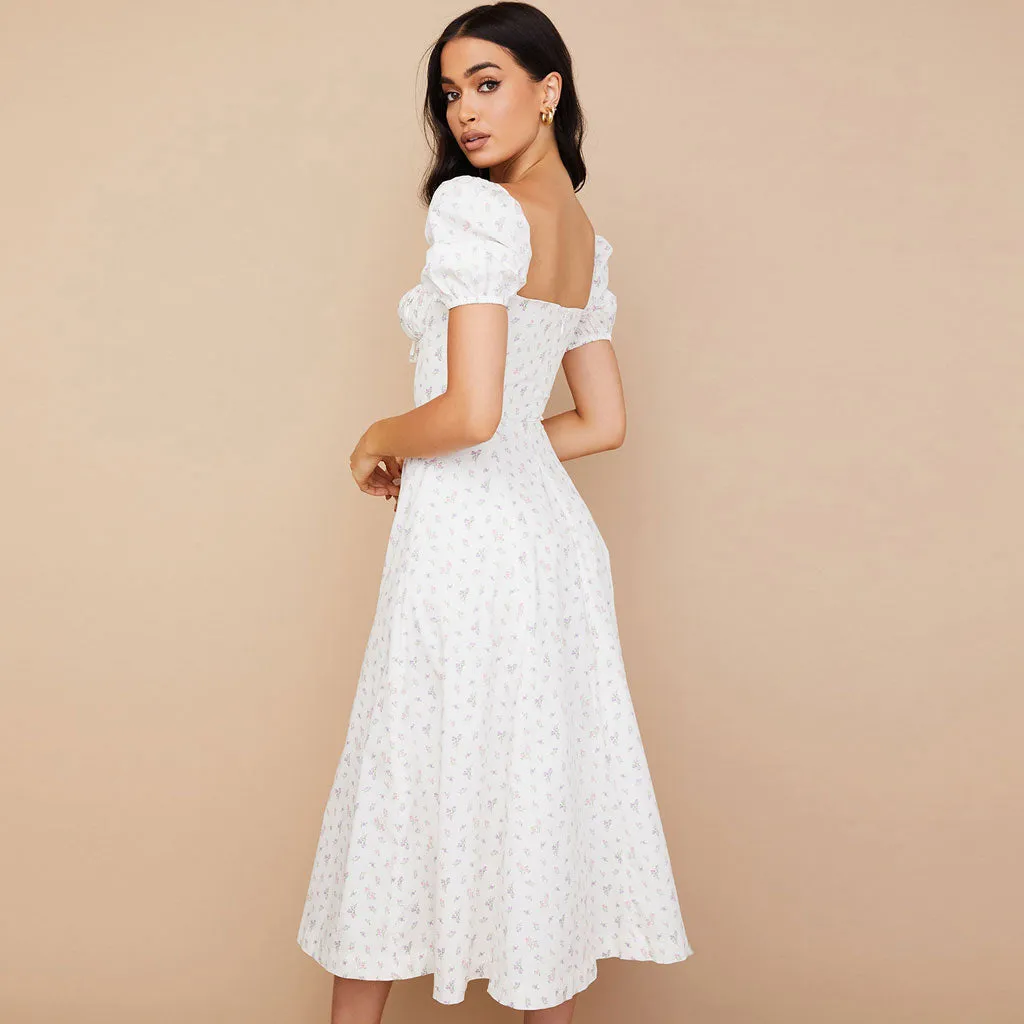 Sexy Daisy Printed Puff Sleeve High Slit Smock Maxi Sundress - White