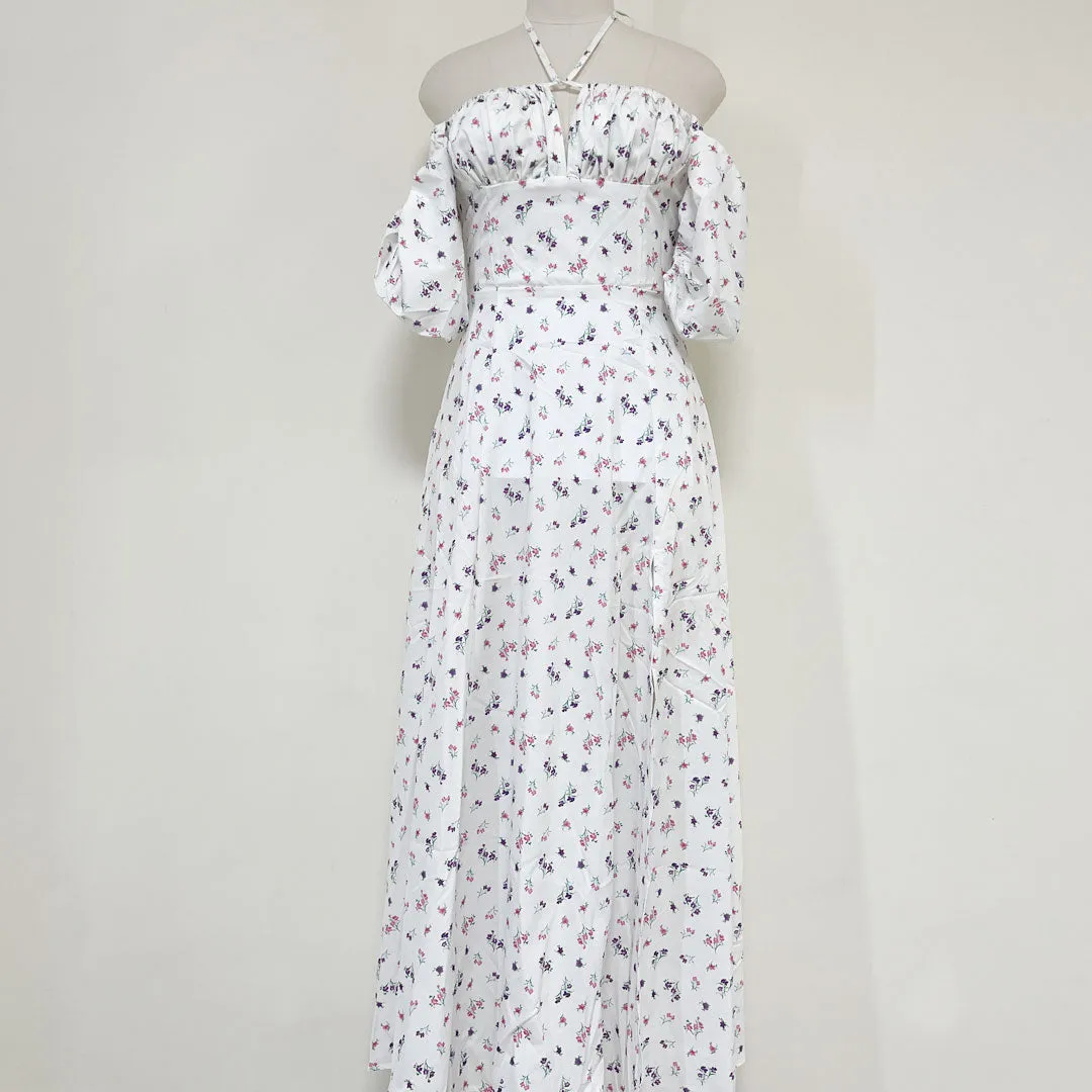 Sexy Daisy Printed Puff Sleeve High Slit Smock Maxi Sundress - White