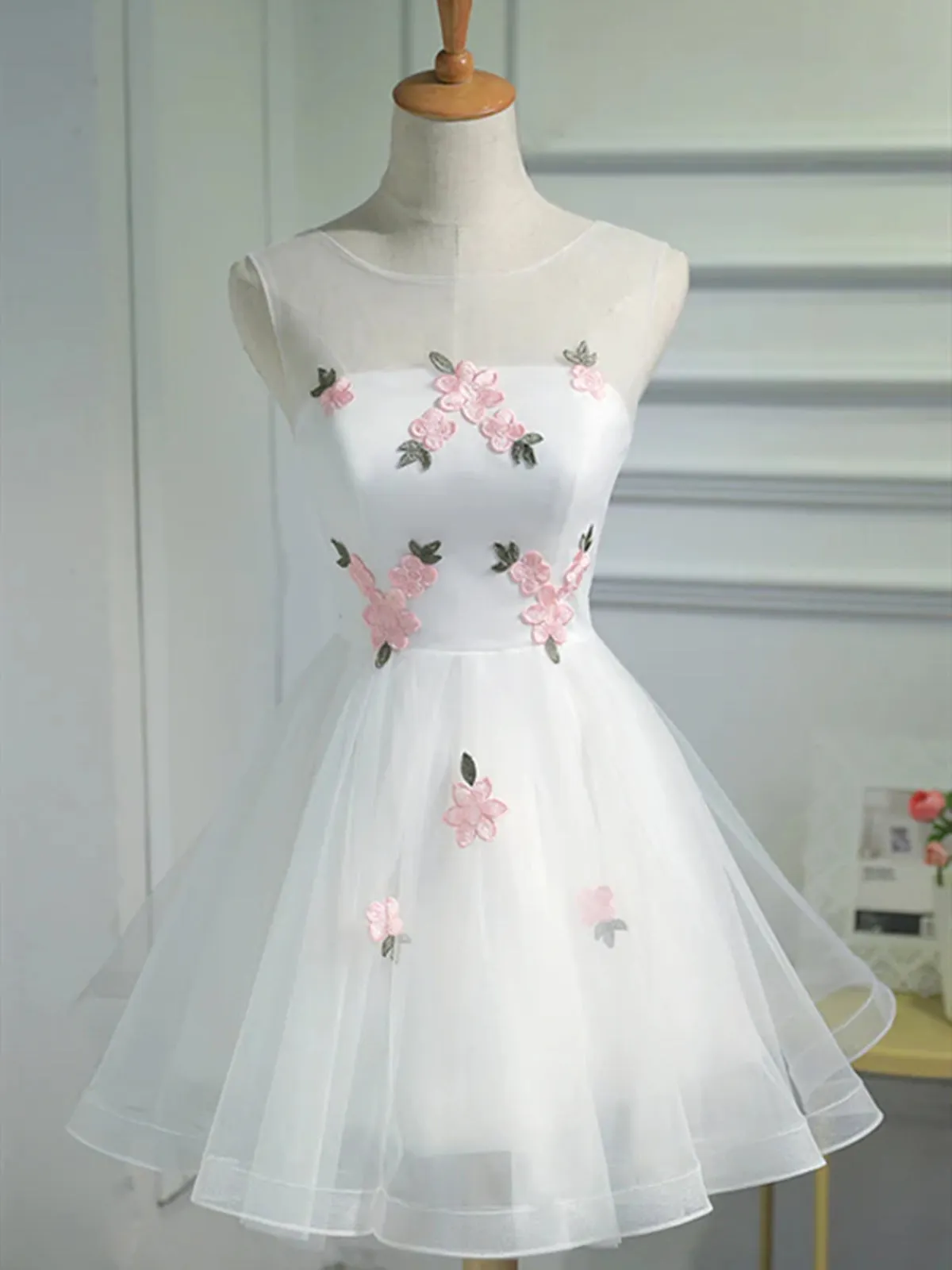 Short White Floral Prom Dresses, Short White Floral Formal Homecoming Dresses