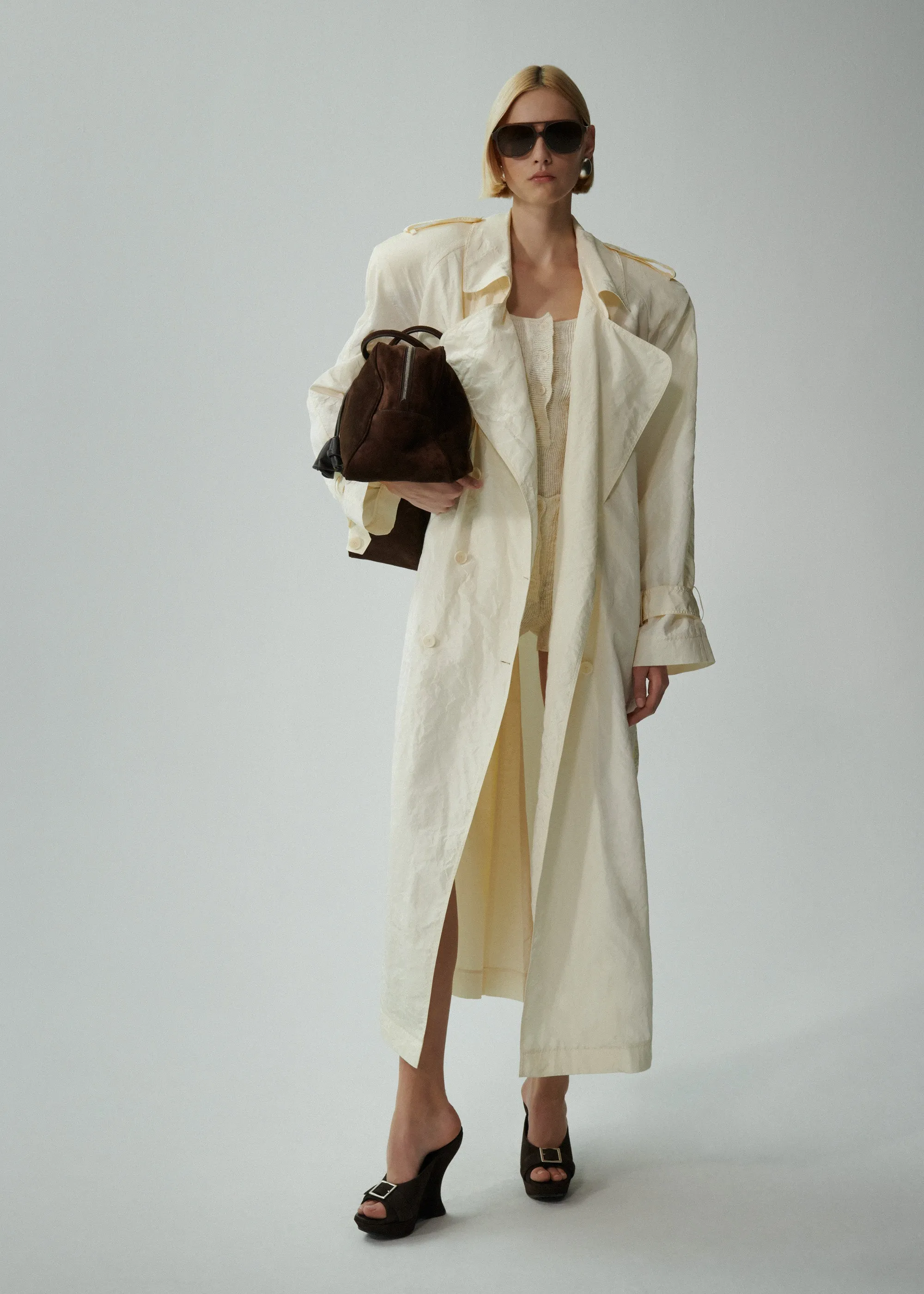 Silk taffeta trench coat in cream