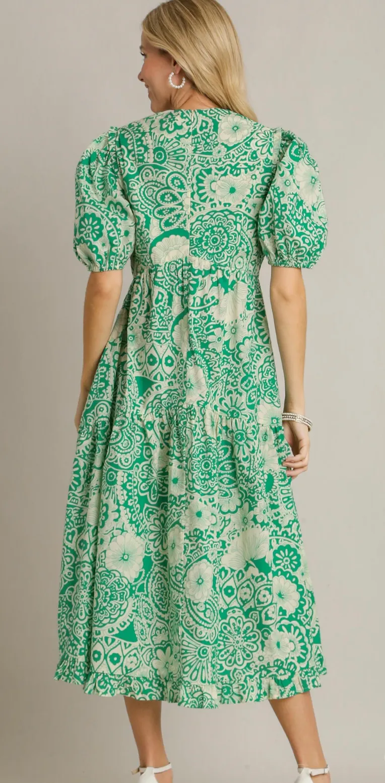 Two Tone V-Neck A-Line w/ Short Sleeve Midi Dress - Green Mix