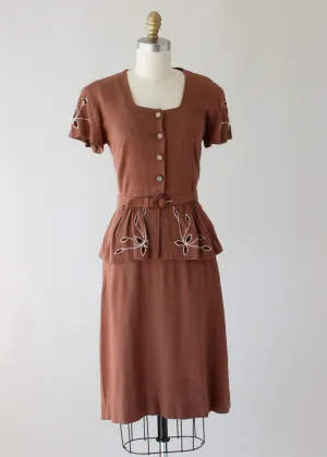 Vintage 1940s Brown Cut Out Peplum Day Dress