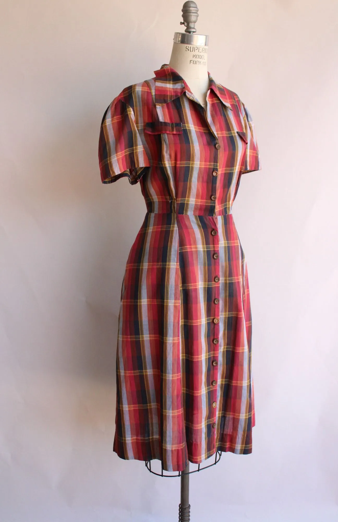 Vintage 1950s 1960s Plaid Cotton Shirtwaist Dress with Pockets